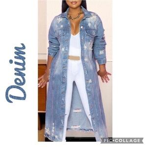 Women's Distressed Long Denim Coat